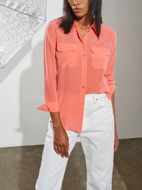 Equipment Femme Coral Silk Slim Signature Button Down Blouse Size S